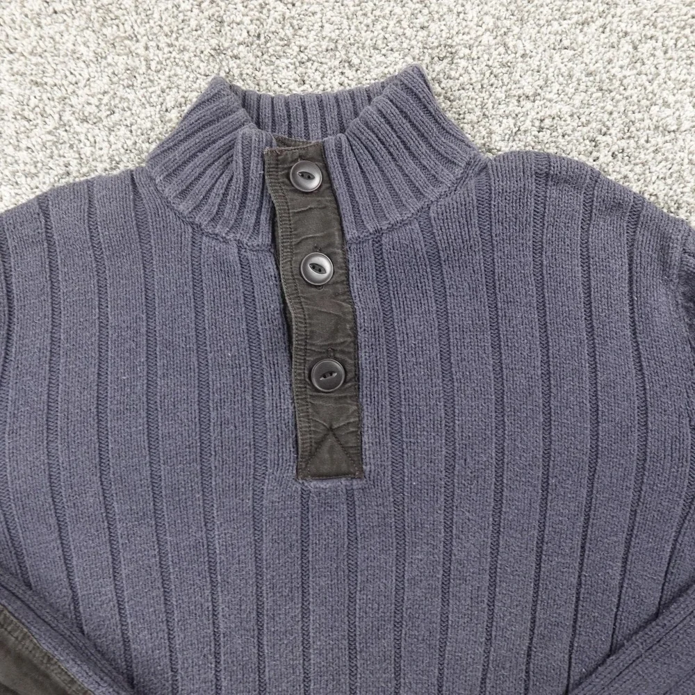 Eddie‎ Bauer Sweater Mens M Gray Heavy Ribbed Knit Henley Pullover Elbow Patches